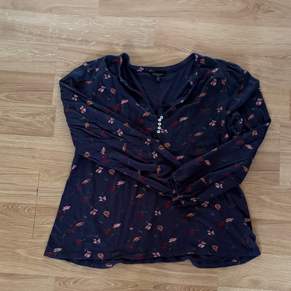 Lucky Brand Dark Blue Floral Button Top-Large